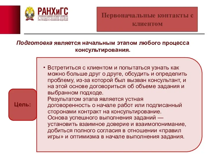 Первоначальные контакты с клиентом Подготовка является начальным этапом любого процесса консультирования.