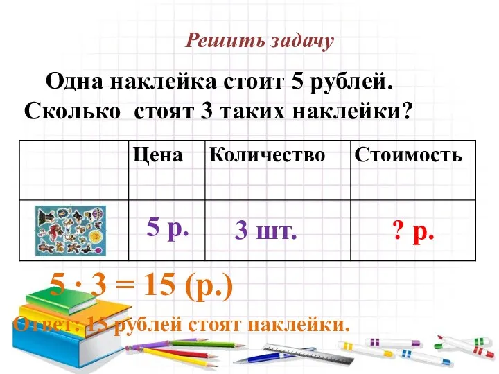 Решить задачу Одна наклейка стоит 5 рублей. Сколько стоят 3