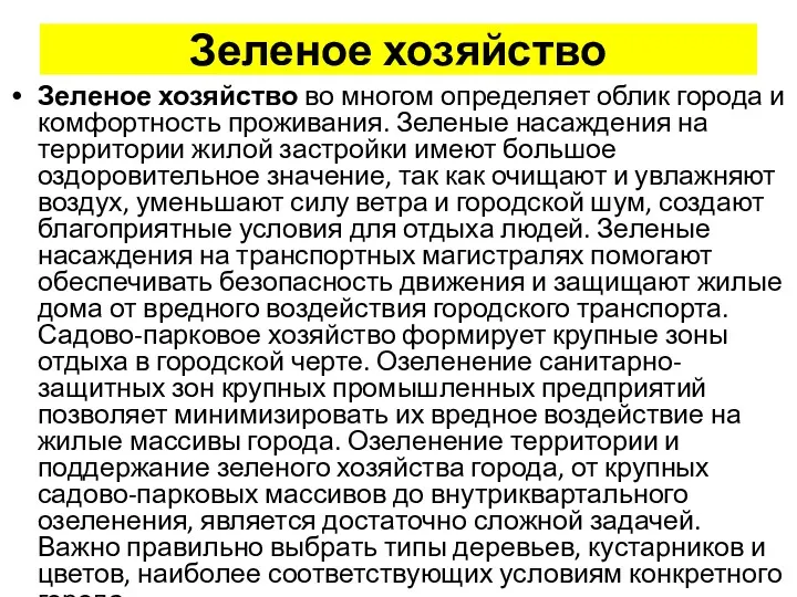 Зеленое хозяйство Зеленое хозяйство во многом определяет облик города и