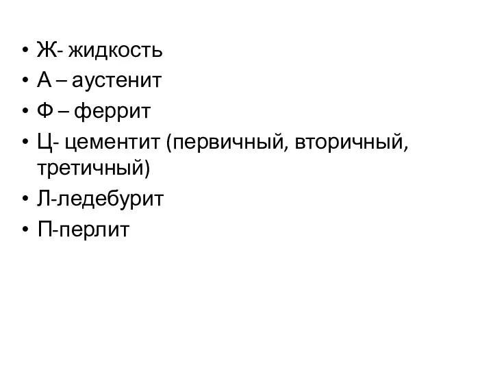 Ж- жидкость А – аустенит Ф – феррит Ц- цементит (первичный, вторичный, третичный) Л-ледебурит П-перлит