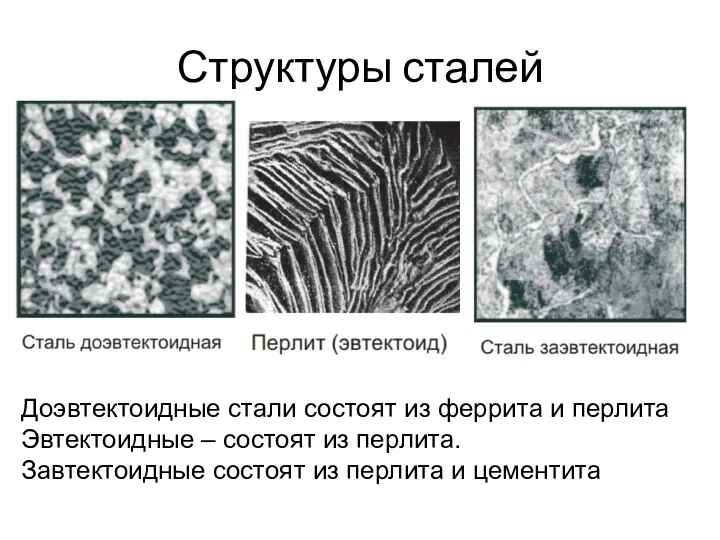 Структуры сталей Доэвтектоидные стали состоят из феррита и перлита Эвтектоидные