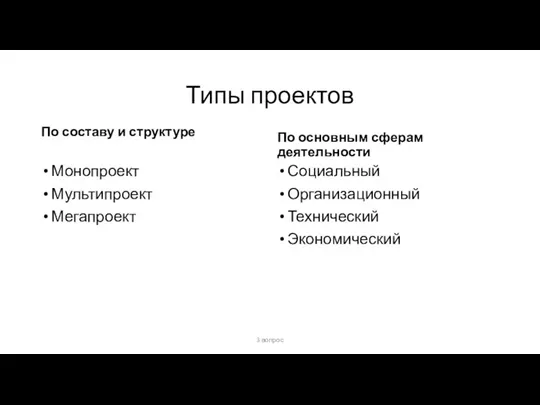 Типы проектов По составу и структуре Монопроект Мультипроект Мегапроект По