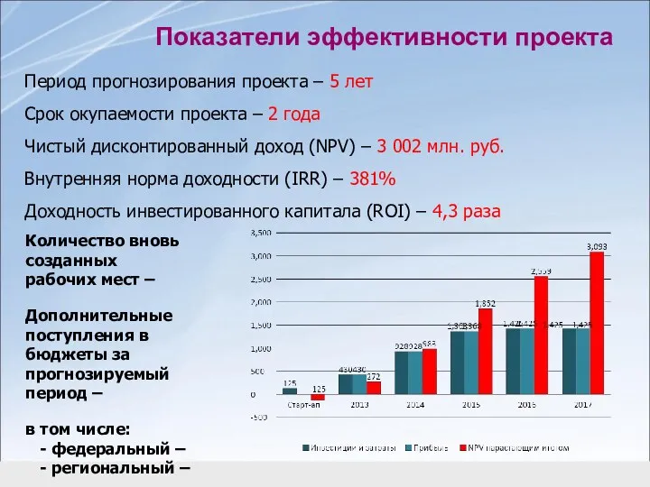 Показатели эффективности проекта Период прогнозирования проекта – 5 лет Срок