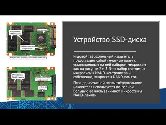 Устройство SSD-диска Рядовой твёрдотельный накопитель представляет собой печатную плату с установленным на ней