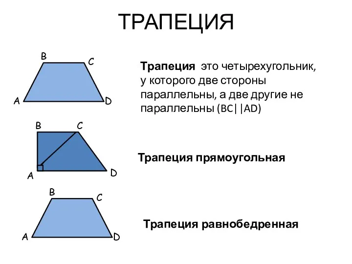 ТРАПЕЦИЯ Трапеция это четырехугольник, у которого две стороны параллельны, а