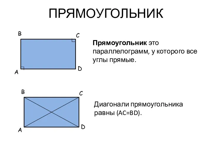 ПРЯМОУГОЛЬНИК Прямоугольник это параллелограмм, у которого все углы прямые. Диагонали прямоугольника равны (AC=BD).
