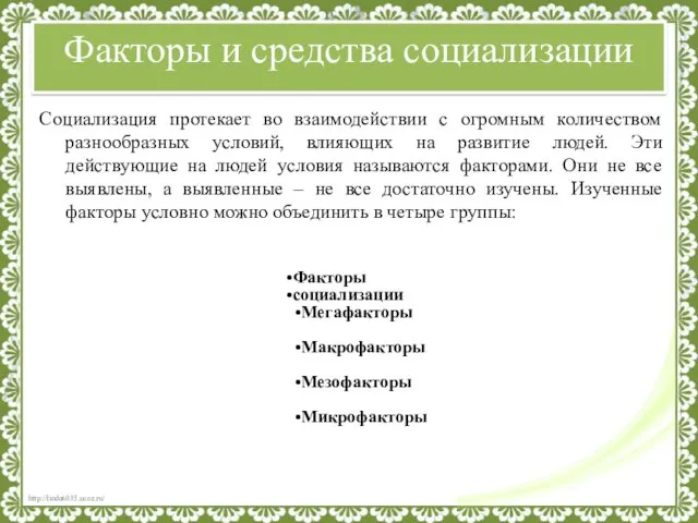 Факторы и средства социализации Социализация протекает во взаимодействии с огромным