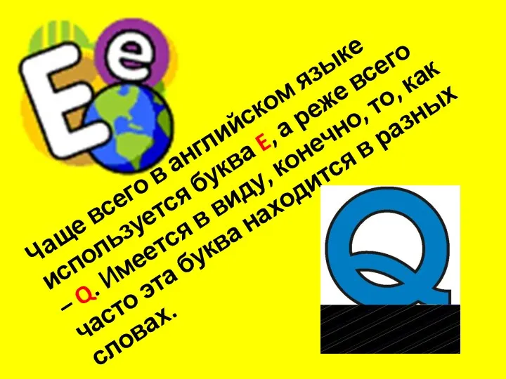 Чаще всего в английском языке используется буква E, а реже