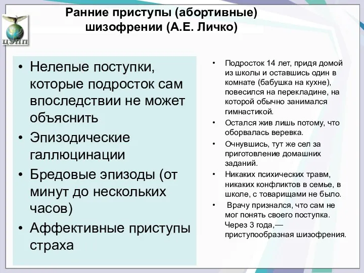 Ранние приступы (абортивные) шизофрении (А.Е. Личко) Нелепые поступки, которые подросток сам впоследствии не