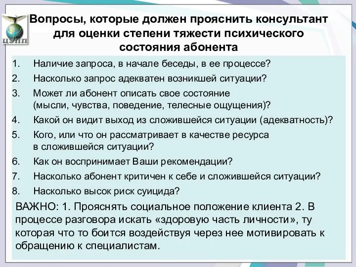 Вопросы, которые должен прояснить консультант для оценки степени тяжести психического состояния абонента Наличие