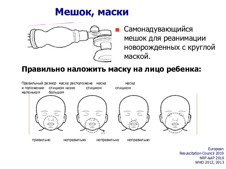 Мешок, маски Самонадувающийся мешок для реанимации новорожденных с круглой маской.