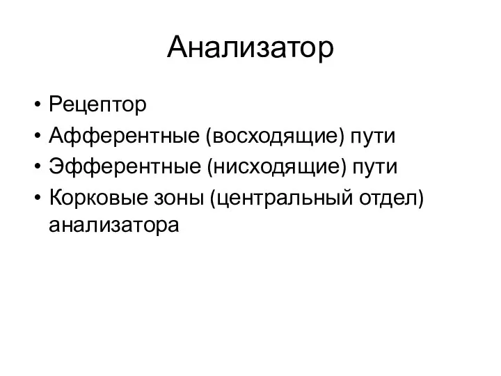 Анализатор Рецептор Афферентные (восходящие) пути Эфферентные (нисходящие) пути Корковые зоны (центральный отдел) анализатора