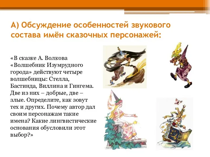 А) Обсуждение особенностей звукового состава имён сказочных персонажей: «В сказке