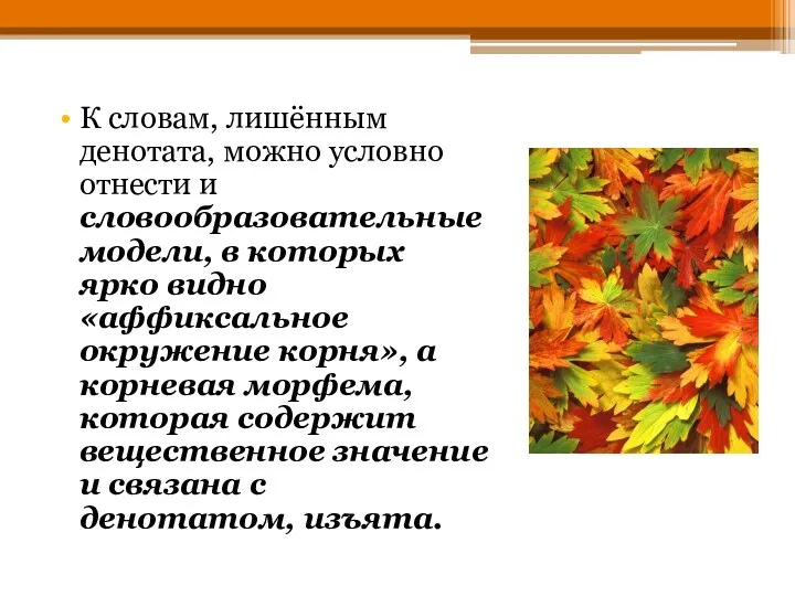 К словам, лишённым денотата, можно условно отнести и словообразовательные модели,