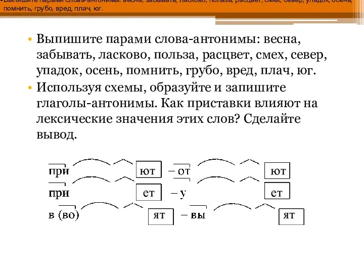 Выпишите парами слова-антонимы: весна, забывать, ласково, польза, расцвет, смех, север,