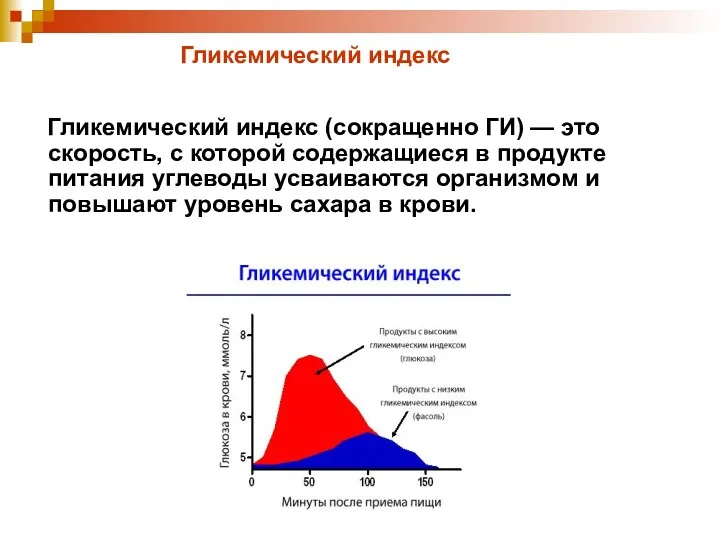 Гликемический индекс Гликемический индекс (сокращенно ГИ) — это скорость, с