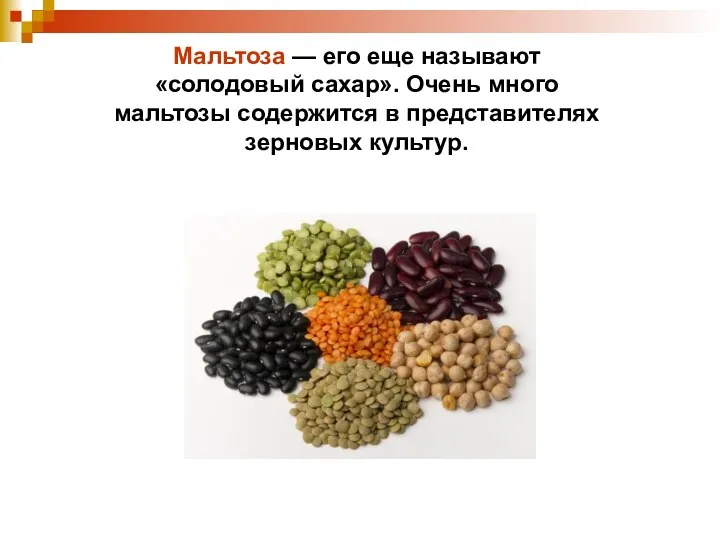 Мальтоза — его еще называют «солодовый сахар». Очень много мальтозы содержится в представителях зерновых культур.