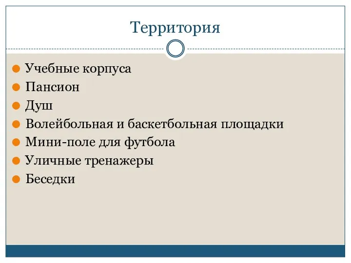 Территория Учебные корпуса Пансион Душ Волейбольная и баскетбольная площадки Мини-поле для футбола Уличные тренажеры Беседки