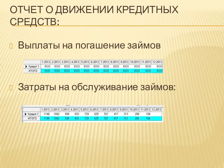 ОТЧЕТ О ДВИЖЕНИИ КРЕДИТНЫХ СРЕДСТВ: Выплаты на погашение займов Затраты на обслуживание займов: