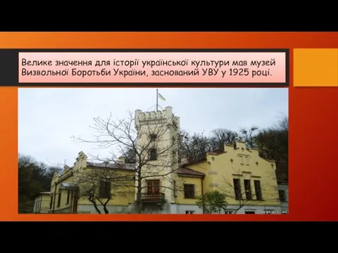 Велике значення для історії української культури мав музей Визвольної Боротьби України, заснований УВУ у 1925 році.