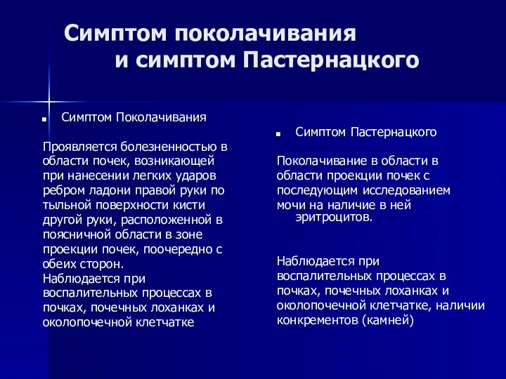 Симптом поколачивания и симптом Пастернацкого Симптом Поколачивания Проявляется болезненностью в