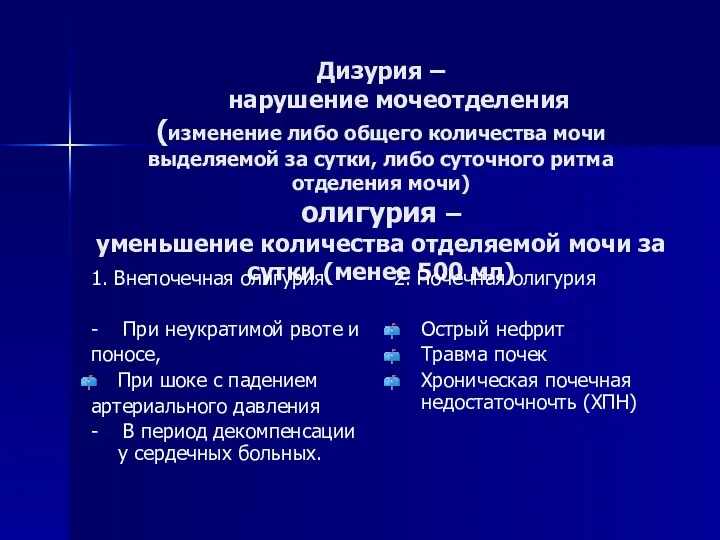 Дизурия – нарушение мочеотделения (изменение либо общего количества мочи выделяемой