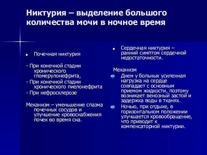 Никтурия – выделение большого количества мочи в ночное время Почечная