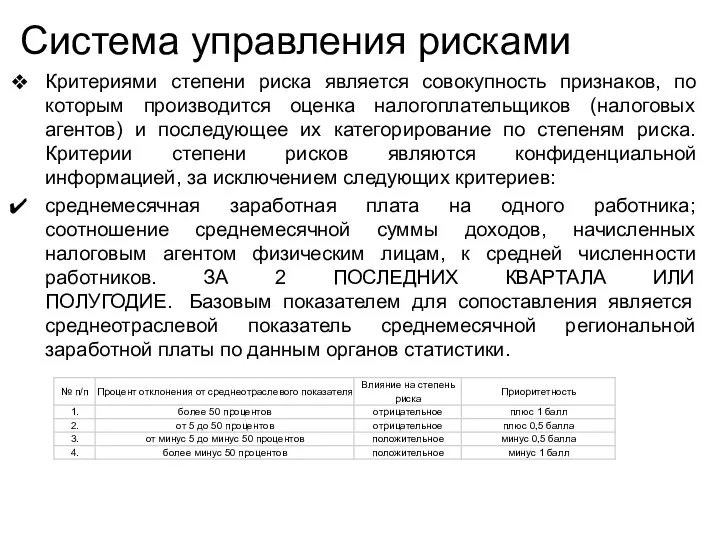 Система управления рисками Критериями степени риска является совокупность признаков, по которым производится оценка