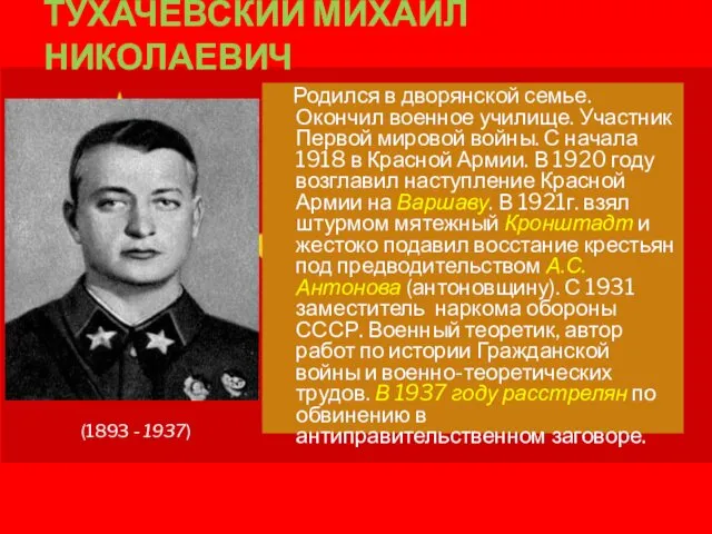 ТУХАЧЕВСКИЙ МИХАИЛ НИКОЛАЕВИЧ Родился в дворянской семье. Окончил военное училище.