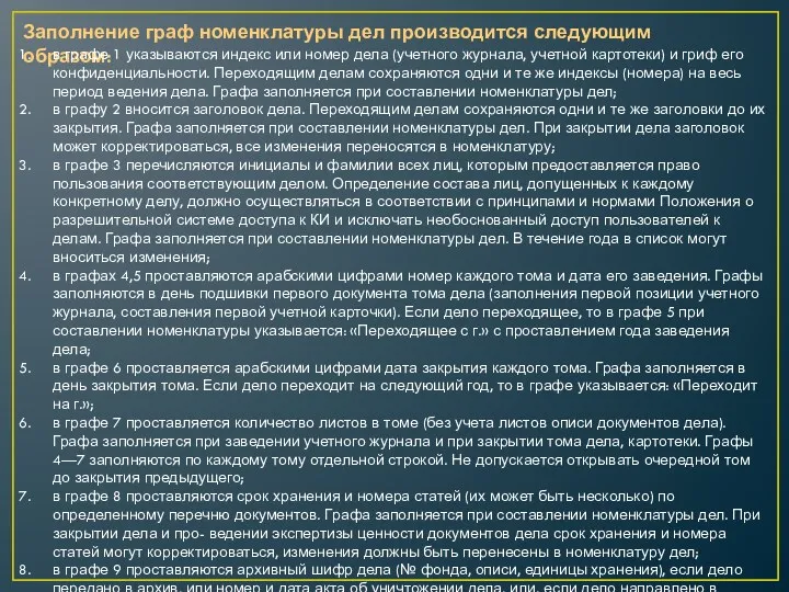 Заполнение граф номенклатуры дел производится следующим образом: в графе 1