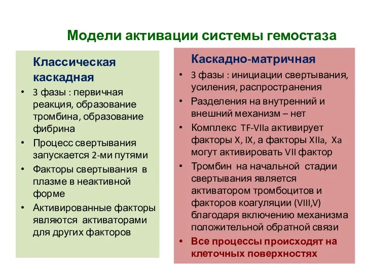 Модели активации системы гемостаза Классическая каскадная 3 фазы : первичная