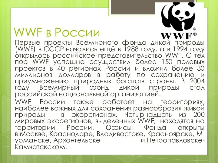 WWF в России Первые проекты Всемирного фонда дикой природы (WWF) в СССР начались