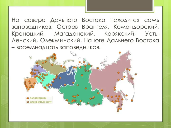 На севере Дальнего Востока находится семь заповедников: Остров Врангеля, Командорский, Кроноцкий, Магаданский, Корякский,