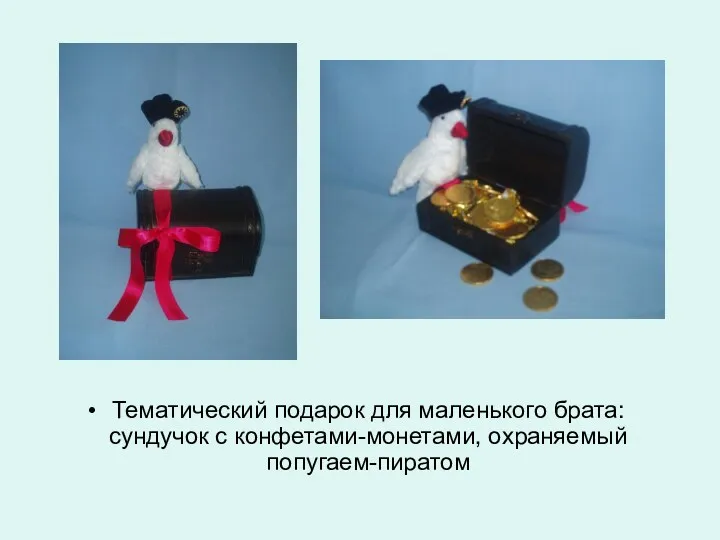 Тематический подарок для маленького брата: сундучок с конфетами-монетами, охраняемый попугаем-пиратом