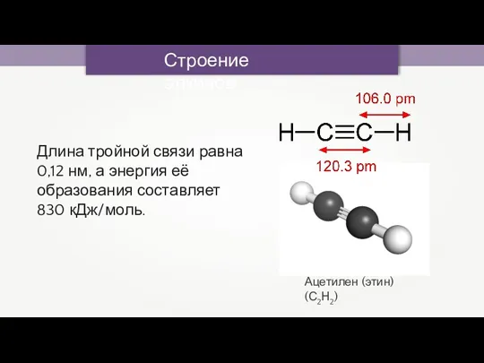 Строение алкинов Ацетилен (этин) (С2Н2) Длина тройной связи равна 0,12