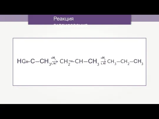 НC—С—СН3 → CH2—CH—СН3 → CH3—CH2—СН3 — +Н2 t, Ni +Н2 t, Ni — — Реакция гидрирования