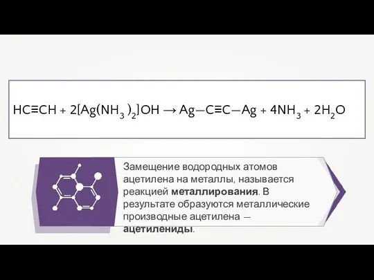 Замещение водородных атомов ацетилена на металлы, называется реакцией металлирования. В