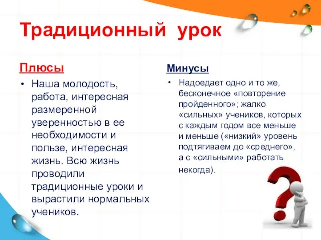 Традиционный урок Плюсы Наша молодость, работа, интересная размеренной уверенностью в