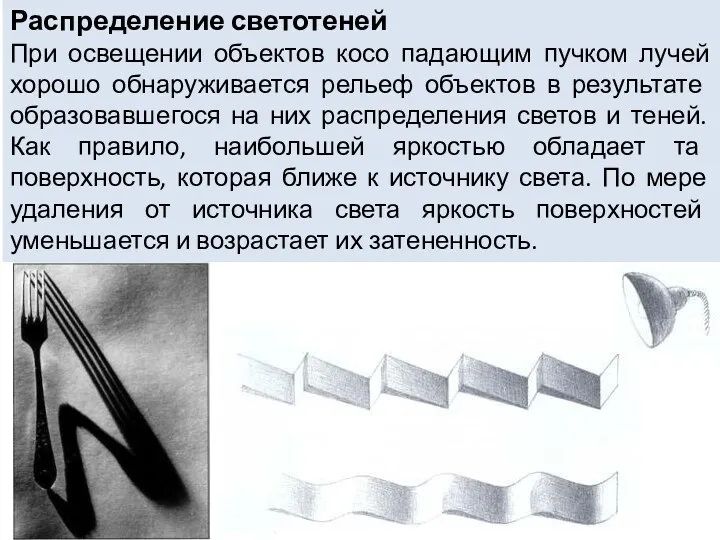 Распределение светотеней При освещении объектов косо падающим пучком лучей хорошо