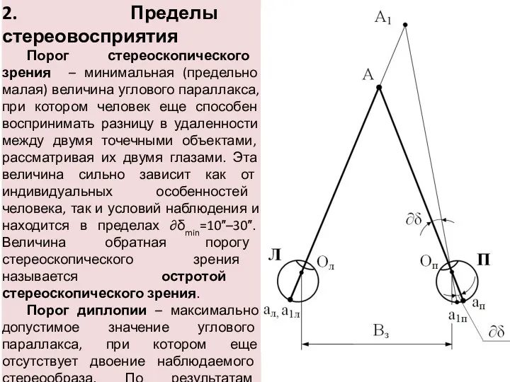 2. Пределы стереовосприятия Порог стереоскопического зрения – минимальная (предельно малая)