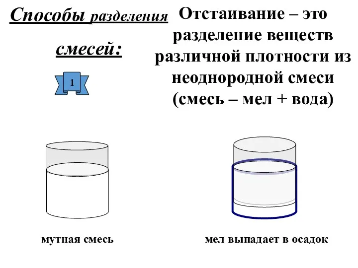 Способы разделения смесей: Отстаивание – это разделение веществ различной плотности