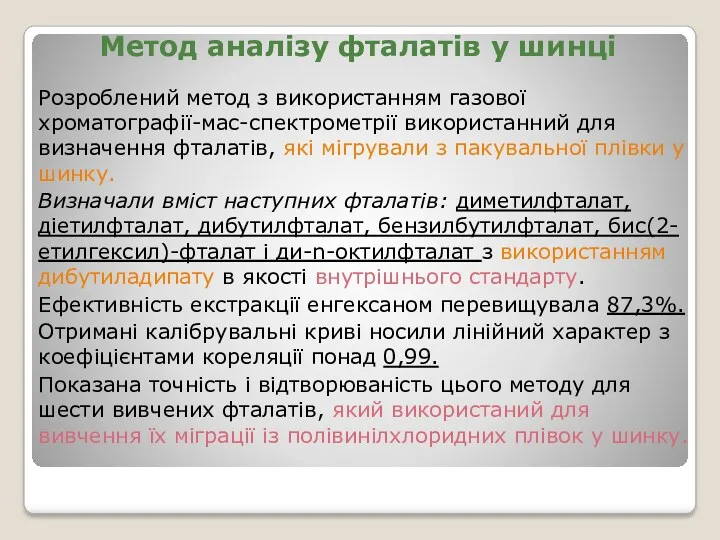 Метод аналізу фталатів у шинці Розроблений метод з використанням газової