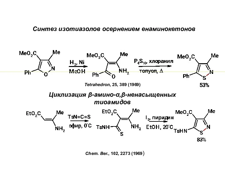 Синтез изотиазолов осернением енаминокетонов Tetrahedron, 25, 389 (1969) Циклизация β-амино-α,β-ненасыщенных тиоамидов Chem. Ber., 102, 2273 (1969)