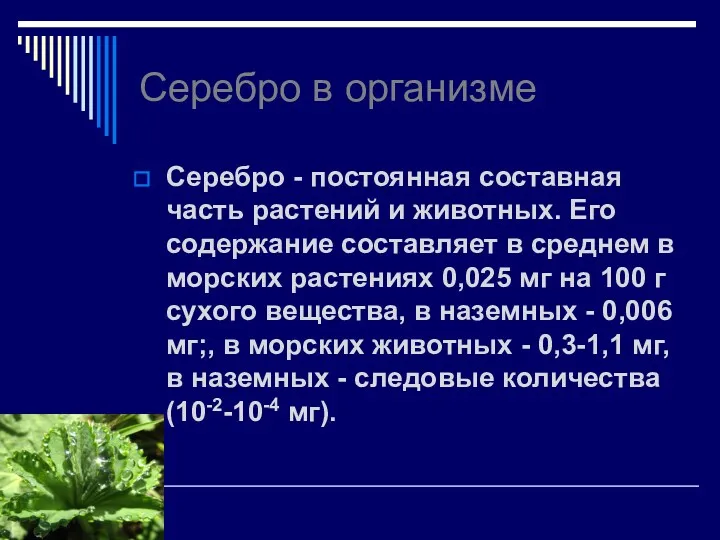 Серебро в организме Серебро - постоянная составная часть растений и