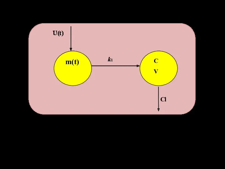 Двухкамерная модель фармакокинетики U(t) ― скорость потока вещества, поступающего в мышцу; m(t) ―