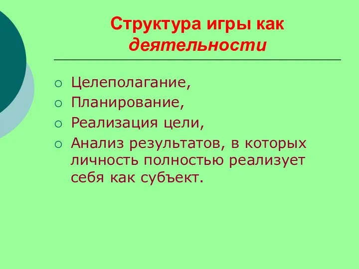 Структура игры как деятельности Целеполагание, Планирование, Реализация цели, Анализ результатов,