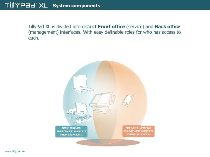TillyPad XL is divided into distinct Front office (service) and Back office (management)