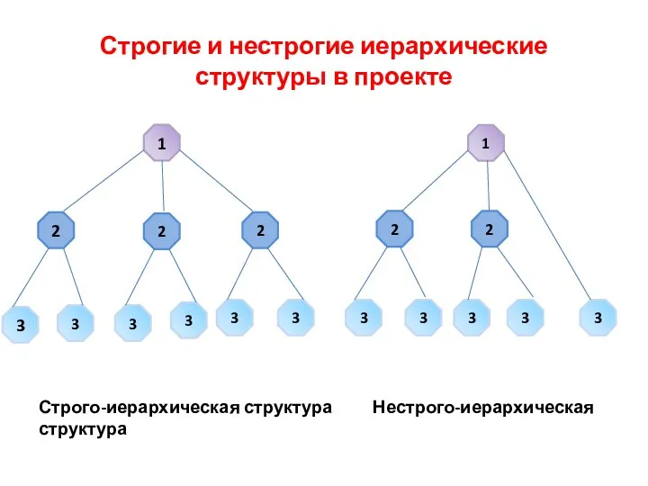 Строгие и нестрогие иерархические структуры в проекте Строго-иерархическая структура Нестрого-иерархическая структура 1 2