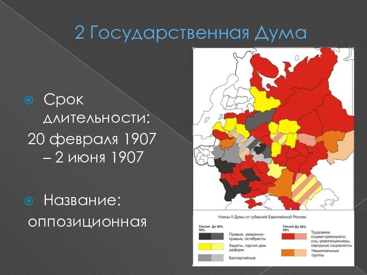 2 Государственная Дума Срок длительности: 20 февраля 1907 – 2 июня 1907 Название: оппозиционная