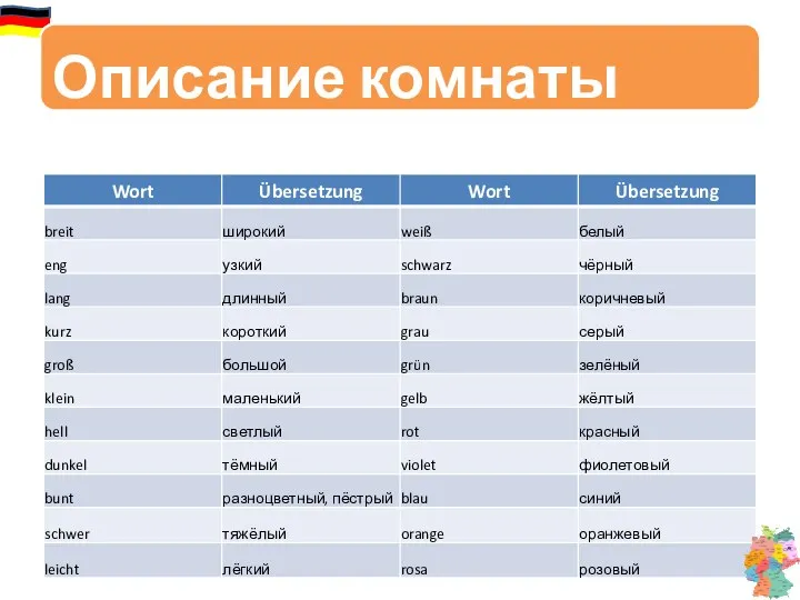 Описание комнаты свойства и цвета